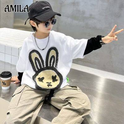 AMILA เสื้อผ้าเด็กผู้ชายสองชิ้นปลอม,ใหม่ฤดูใบไม้ร่วงผ้าฝ้ายบริสุทธิ์เสื้อยืดแขนยาวฤดูใบไม้ร่วง