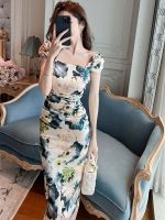 2023 French Sweet Romantic Dress Womens Sexy Print Flowers Bodycon Sleeveless Folds Wrap Hip Midi Robe Lady Party Prom Vestido