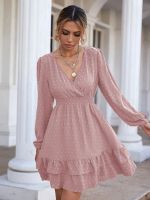 Polka Dot Print Chiffon Dress For Women V-Neck Long Sleeve High Waist Ruffles Vestidos Female Casual White Party Mini Dresses