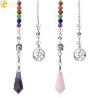 ZZOOI CSJA Natural Stones Cone Buddha Head 3D Pendulum 7 Chakra Chain for Dowsing Wicca Hexagon Reiki Pink Quartz Crystal Pendule G343