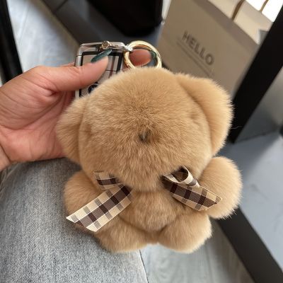✎♣ Luxury Real Rex Rabbit Fur Little Cute Bear Keychain Fluffy Originality Cartoons Toys Key Ring Women Bag Ornament Trinket Gifts