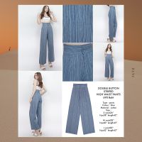 SLYQ DOUBLE BUTTON STRIPED HIGH WAIST PANTS กางเกงขายาวโทนสีฟ้าน้ำเงิน ลายทางเล็ก กางเกงยีนส์เอวสูงเก็บทรง