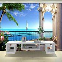 Custom Photo วอลล์เปเปอร์3D พื้นที่ระเบียง Sea View ห้องนั่งเล่นทีวีพื้นหลัง Wall Home Decor Self-Adhesive ภาพจิตรกรรมฝาผนัง Wall Decor Paper