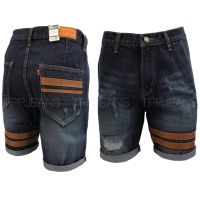 TPPJEANS MICRO JEANS Shorts Mens กางเกงขาสั้นชายสีมิดไนท์บลูฟอกแต่งขาดแถบหนัง Size28-42 รับชำระปลายทาง