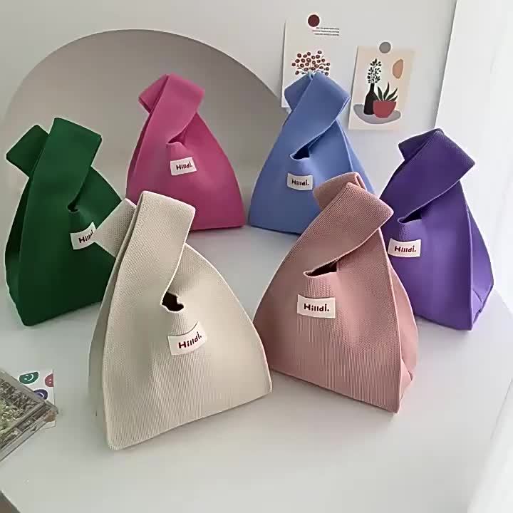 Handmade Knit Handbag Women Mini Knot Wrist Bag Casual Color Wide Stripe  Plaid Tote Bag Student Shopping Bag