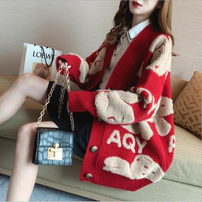 Autumn Women’s Sweater Cardigan Bear Letter Pattern Cute Loose Knitted Coat Button Down Long Sleeve V Neck Ladies Cardigan