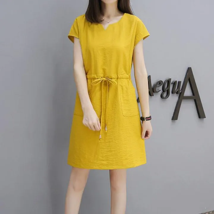 women-short-sleeve-loose-v-collar-lacing-dress-for-summer-wear