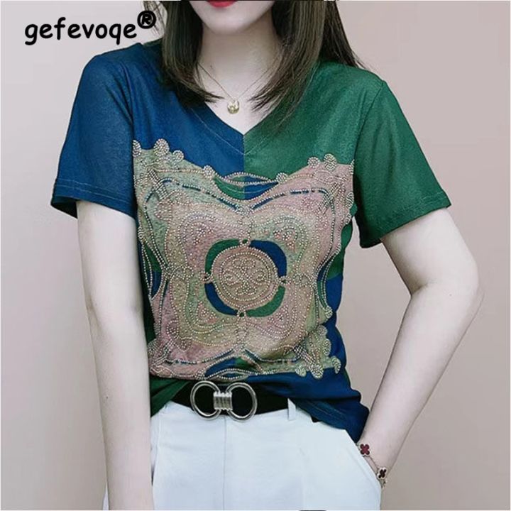 2022-fashion-temperament-t-shirt-short-sleeved-v-neck-loose-female-printed