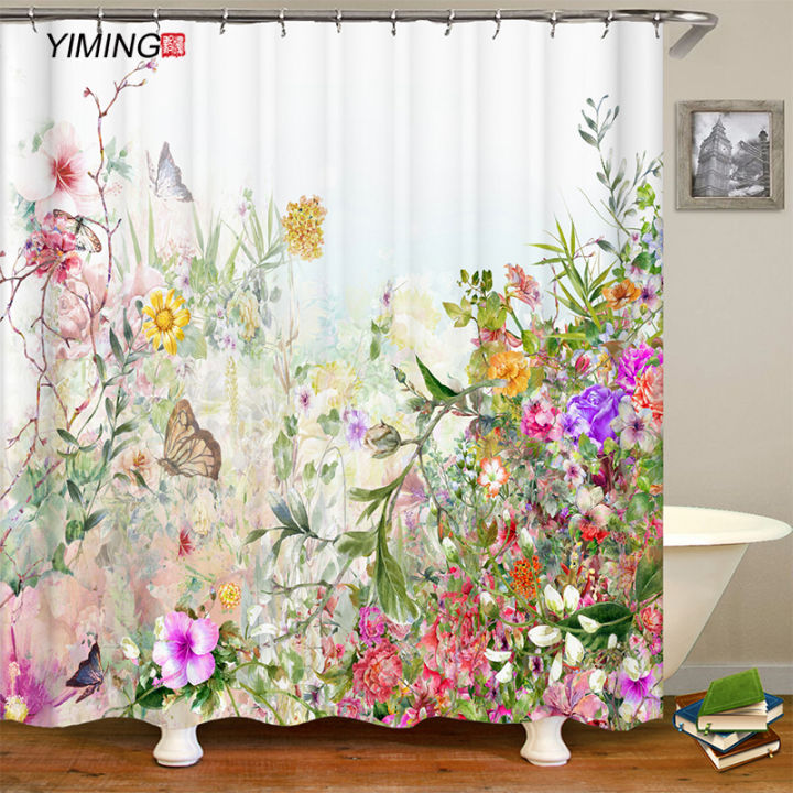 simple-flower-bee-3d-printing-bathroom-shower-curtain-polyester-waterproof-curtain-home-decoration-curtain-with-hook-180x200cm