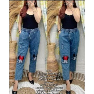 Fashionable Wash Jeans Material For Women Simple Present Embroidery Motif Mickey Minie By Hijab Fashion Solo