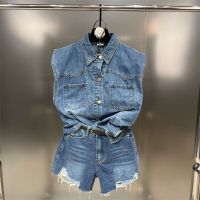 COD Summer suit womens 2022 new Hong Kong style vintage lapel sleeveless denim vest pierced shorts fashion two-piece set