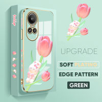 เคส PMP สำหรับ OPPO Reno10 Pro 5G ฟรีสายคล้อง + ดอกไม้ดอกทิวลิปสวยงามการ์ตูนกระต่ายน่ารักขอบสี่เหลี่ยมลวดลายเคสโทรศัพท์ชุบหรูหราเคสโทรศัพท์นิ่ม