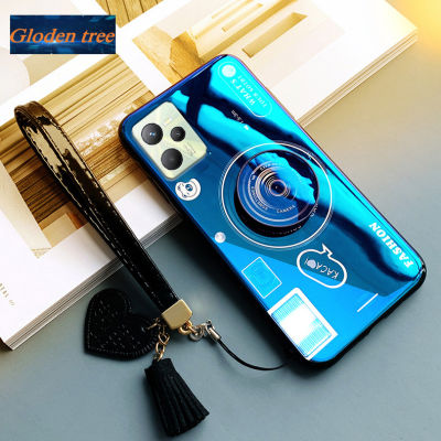 Gloden tree For Realme C35 Case Camera Pattern + Stand + Beautiful Tassel Hand Strap Protective Back Cover Couple Cases