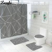 Bath Mat and Waterproof Shower Curtain Set 3D Stripes Printing Bathroom Car Rug Flannel U-Shaped Toilet Rug Non-slip Foot Mat