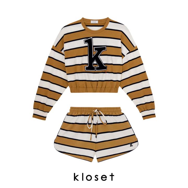 kloset-kk22-set001-k-stripes-set-เสื้อจั๊มเอว-กางเกงขาสั้นเอวยางยืด-เสื้อมียางยืดปลายแขน-เสื้อkloset-เสื้อผู้หญิง
