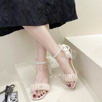 New summer 2023 fairy clouds sandals crystal thick with one word pearl lace-up womens shoes the bow