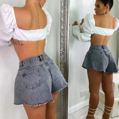 Women Denim Shorts Summer Loose Style Solid Waist Cutting Edge Flared Shorts Fahiong Femme High Streetwear Pantalones Cortos