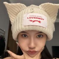 [Hana Clothing Store] Loverboy แมวหูถักหมวกสองชั้นอบอุ่นหมูหูหมวกทำด้วยผ้าขนสัตว์น่ารักแฟชั่นหมวกคลุมด้วยผ้าซอกฮิปฮอปบุคลิกภาพหมวกฤดูหนาว