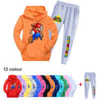 Super Mario Bros ชุดเสื้อผ้าเด็ก2ชิ้นชุดเสื้อสวมหัวแบบฮู๊ดกางเกงผ้าฝ้าย + โพลีเอสเตอร์เสื้อเชิ้ตแขนยาวเกาหลี0000สำหรับฤดูใบไม้ผลิและฤดูใบไม้ร่วงของเด็กผู้ชาย