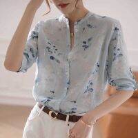 Ladies new style stand-up collar high-end ramie age-reducing fashion silk and linen shirt