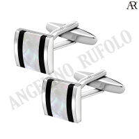 ANGELINO RUFOLO Cufflink(คัฟลิงค์) ดีไซน์ Stripes Square กระดุมข้อมือคัฟลิ้งโรเดียมคุณภาพเยี่ยม ตัวเรือนสีเงิน ประดับตกแต่งด้วย White Pearl / Black Onyx