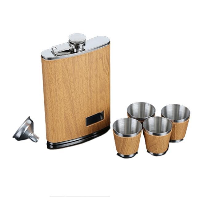 creative-9-oz-stainless-steel-hip-flask-set-with-1-funnel-and-4-cups-wooden-whiskey-wine-bottle-retro-flagon