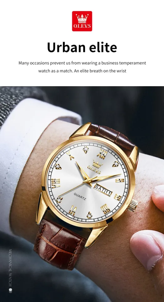 OLEVS Original Men's Quartz Watch Leather Strap Diamond Design Fashion  Simplicity Business Wrist Watch for Men Auto Date Clock