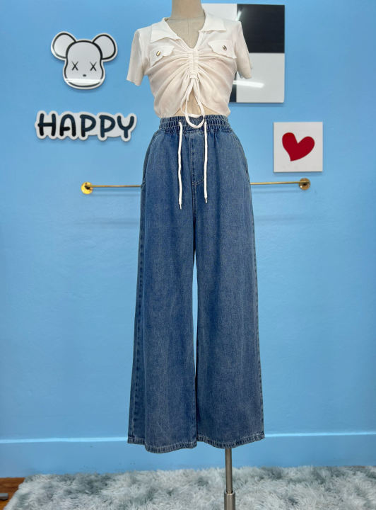 กางเกงยีนส์แฟชั่นนำเข้าสไตล์เกาหลี-กางเกงยีนส์เอวสูง-กางเกงยีนส์ขายาววินเทจขากระบอกเอวยางยืดฟรีไซส์-ยืดเยอะ