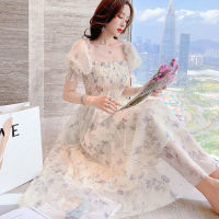 2023 Ai Hasna Women French style ink and wash bubble sleeve chiffon dress Elegant floral sqaure-neck dress