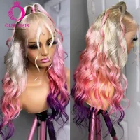 OLEY 30 Inch Body Wave Ombre Pink Color Synthetic 13x4 Transparent Lace Front Heat Resistant Preplucked Cospaly Wigs For  Women Wig  Hair Extensions P