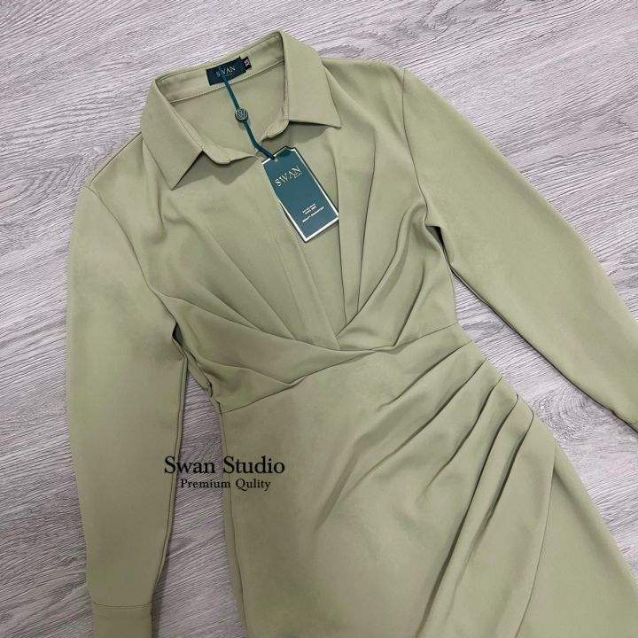 p018-007-pimnadacloset-long-sleeve-collar-button-down-twill-pleat-tucks-mini-wrap-dress