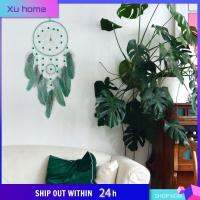 XU HOME สีเขียวอ่อน Dream catchers พร้อมไฟ ขนนกสีขาว จี้ขนนกติดผนัง ศิลปะติดผนัง กระดิ่งลม LED ห้องนอนและห้องนอน