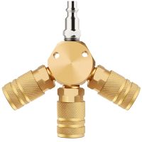 Air Splitter, 3-Way Air Manifold with 3 Pieces Brass Industrial Coupler and 1/4Inch Male NPT Plug, Quick Connect Fitting