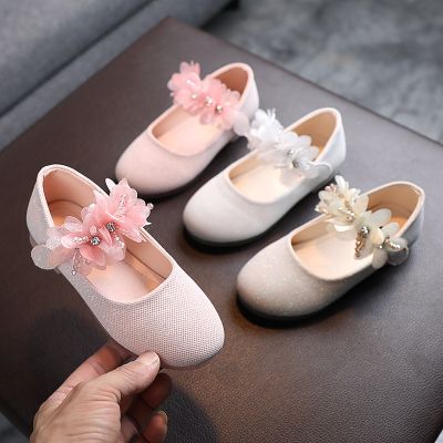 Girl Shoes For Kids Flower Mary Jane Shoes Crystal Soft Princess Ballet Flats Little Girls 1-7Y Baby Wedding Party Leather Shoes