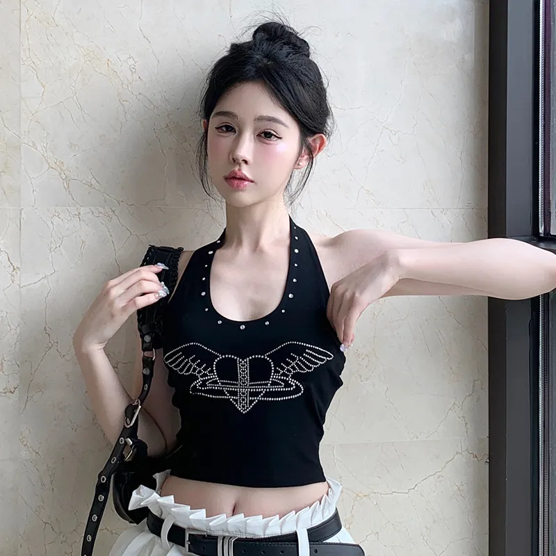 sweetboxe 2023 new Women Crop Halter Tops Rhinestone Heart Wings Print  Backless Shirt Sleeveless Camisole for Streetwear Summer Clothes