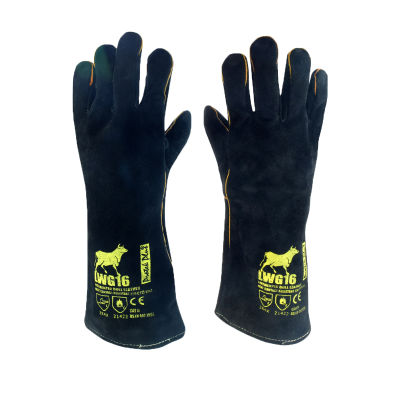 Protek Plus LWG16 Black ถุงมือหนังยาว 16 นิ้ว สีดำ ถุงมือเชื่อมไฟฟ้า ถุงมือกันความร้อน ตัดเลเซอร์ กันสะเก็ดไฟ - Spatter , TACTool