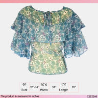 USED - Sheer Teal Floral Ruffle Sleeve Top | เสื้อแขนสั้นสีฟ้า สีขาว เสื้อแขนระบาย เสื้อซีทรู ลายดอก ระบาย ทรงใหญ่ สายฝอ วินเทจ มือสอง