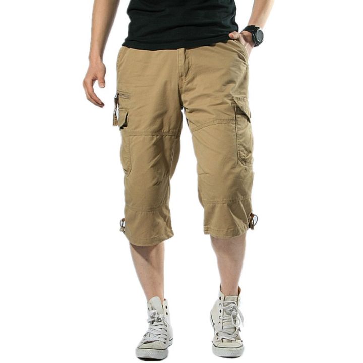 2021Male Shorts Multi Pocket Summer Loose Zipper Breeches Khaki Grey Plus Size Short Pant Casual Cotton Black Long Mens Cargo Shorts