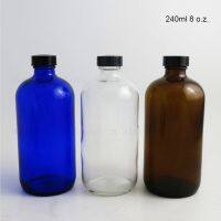 240ml Amber Glass Capacity 8 oz Boston Round Liquid Bottle With Black Phenolic Rubber Lined Screw Cap