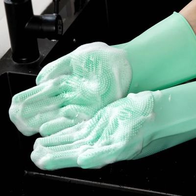 [HOME]ถุงมืออเนกประสงค์ กันน้ำ กันร้อน ถุงมือ+แปรงขัด ทำความสะอาด ล้างจาน ล้างรถ ขัดพื้น อาบน้ำสัตว์เลี้ยง ถุงมือซิลิโคน 1คู่