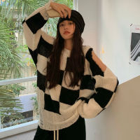 2021 Autumn Winter Women Pullovers And Sweaters Korean style Black White Plaid Female knitted Sweater Off Shouler Tops (A1903)