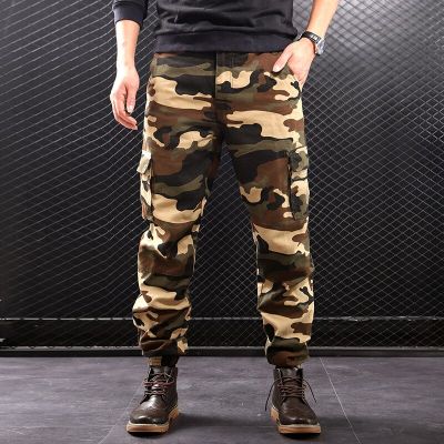 2023Mens Outdoor Spring and Autumn Camouflage Slacks Loose Oversized Cargo Pants Multi-Pocket Straight-Leg Trousers