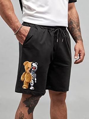 MABIBI Mens Shorts Men Bear Print Drawstring Waist Shorts Shorts for Men (Color : Black, Size : 3X-Large)