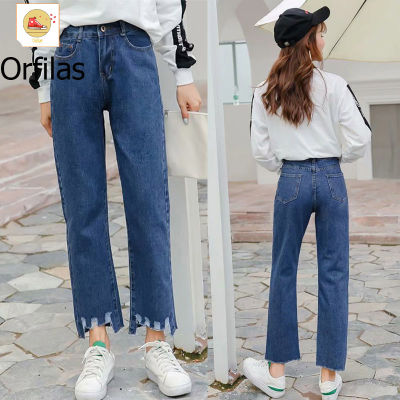 Orfilas 🌈เอวสูง ทรงเข้ารูป ขากว้าง กางเกงยีนส์ทรงตรงสตรี กางเกงยีนส์นักเรียน กางเกงลำลองราคาถูก ยีนส์ดีไซเนอร์ 👍ขนาด:25-32!!!!