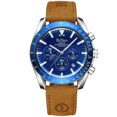 ✨HOT ITEM✨ Biden Multifunctional Six-Pin Quartz Watch Cowhide Strap Mens Chronograph Fashion Luminous Watch YY