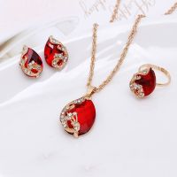 ♨ Delysia King 4PCS Trendy Water Droplets Peacock Jewelry Set Crystal Elegant Necklace/Earrings/Ring for Cocktail