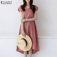 MOMONACO ZANZEA ผู้หญิงผ้าฝ้ายวินเทจ Sundress ลำลองหลวมสูงต่ำ Midi เสื้อยืดชุด Plus #8