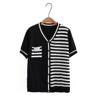 【มีไซส์ใหญ่】Plus Size Womens XL-3XL V-neck False Button Summer Shirts Oversized Striped Patchwork Female Tops Casual Fashion White Black Top