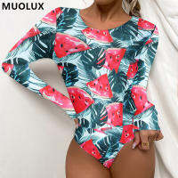 Surf Swimsuit 2022 New Womens Swimsuit Backless Plant Watermelon Print Swimsuit Long Sleeves Female Bathing Bodysuit