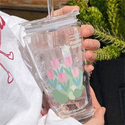 【Dimama】แก้ว แก้วมีฝาปิดพร้อมฝาและฟาง แก้วน่ารัก แก้วน้ำ แก้วน้ำพร้อมหลอด 480 มล ลายดอกทิวลิป